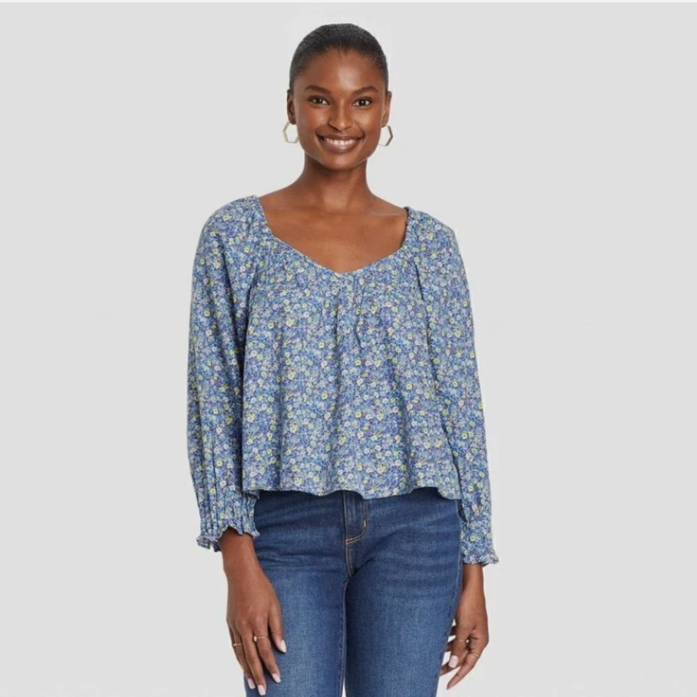 UNIVERSAL THREAD long sleeve floral‎ pintuck balloon sleeve blouse top L